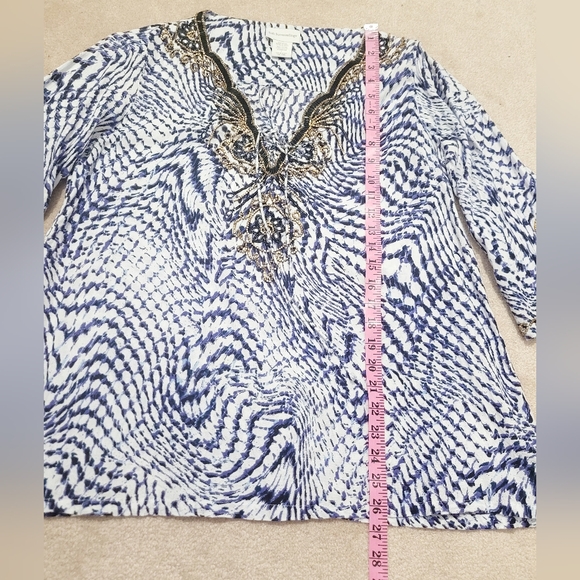 Soft Surroundings Beaded Tie Neck Tunic Blue White Rayon Boho Resort Top Large - Picture 11 of 12